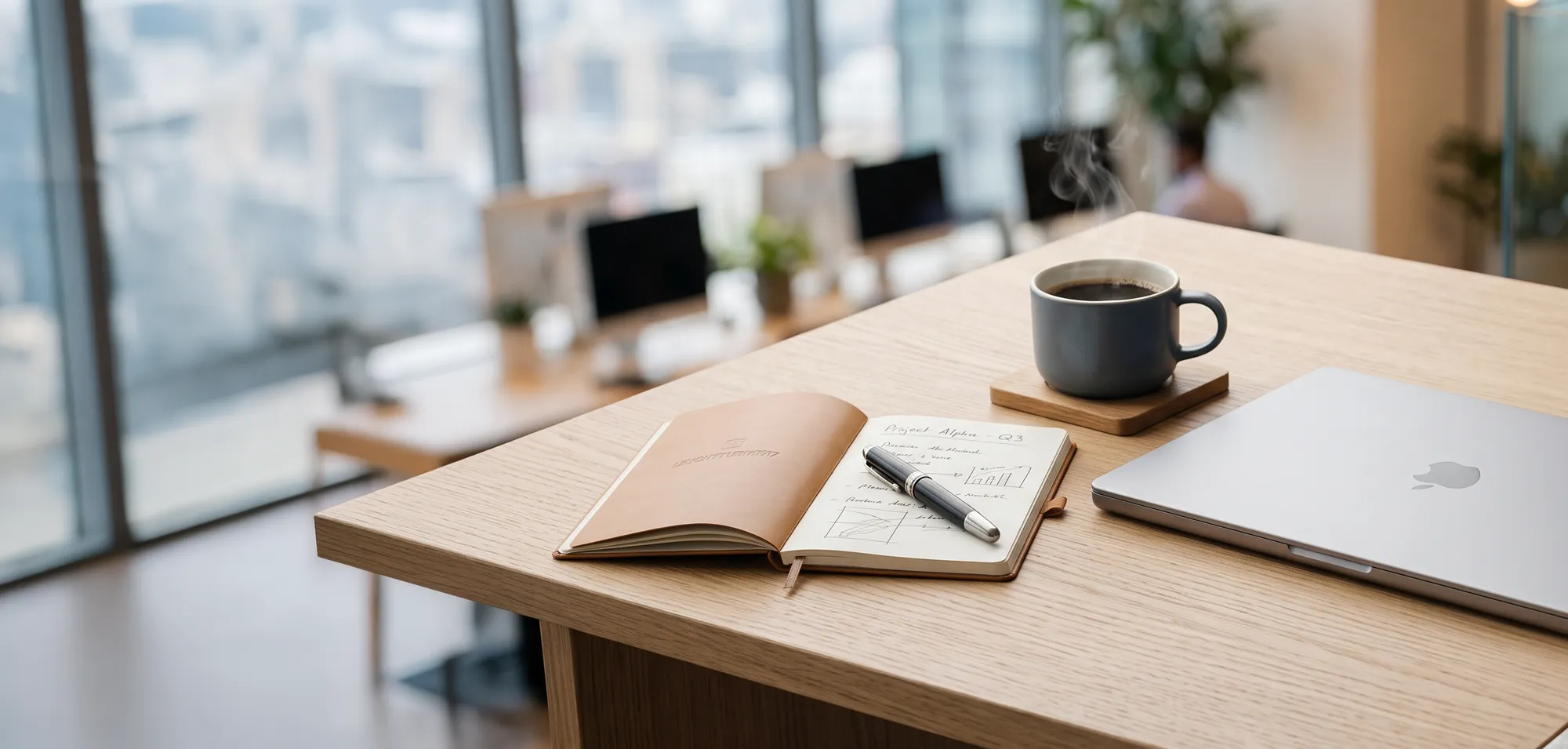 Mesa de trabalho com caderno de metas e relatórios