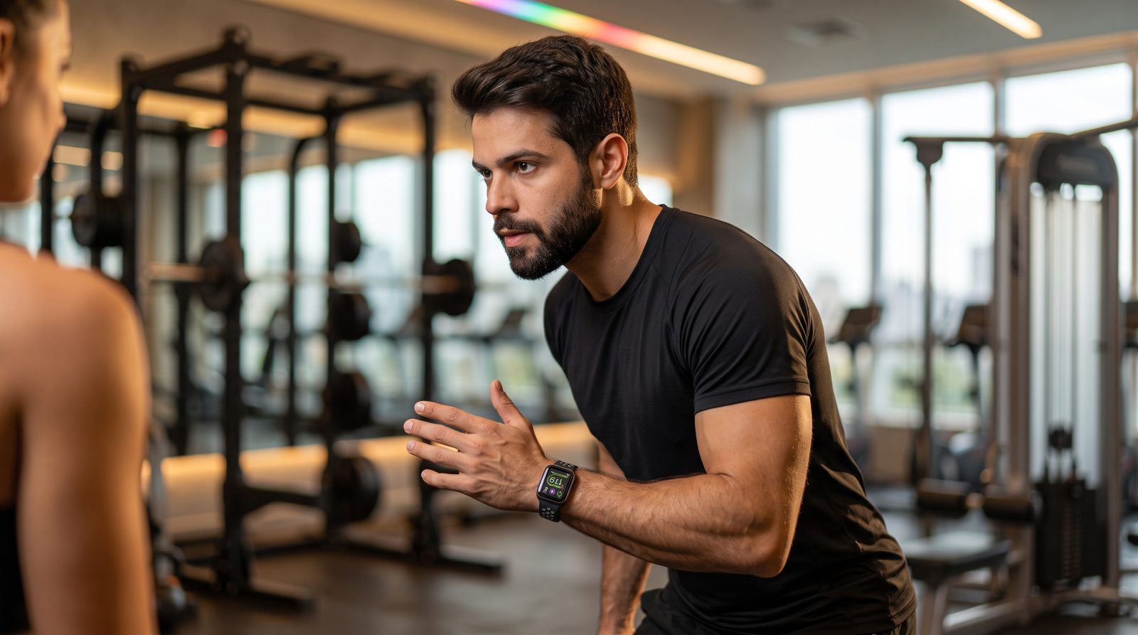 Personal trainer orientando aluno na academia