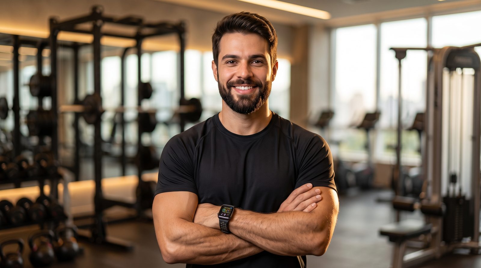 Personal trainer sorridente na academia