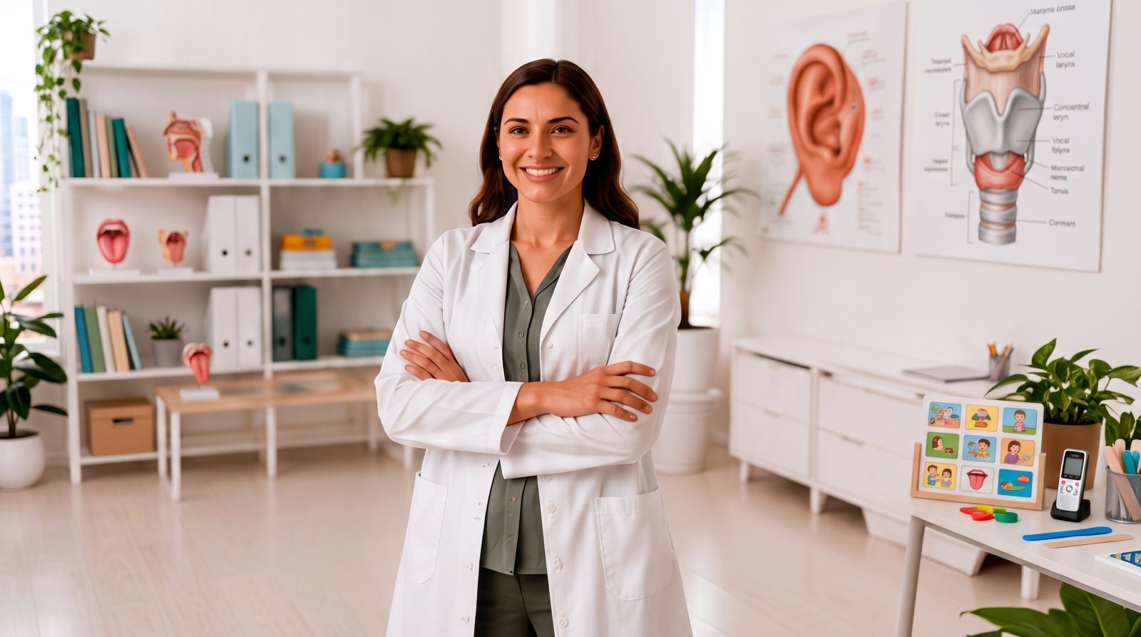Fonoaudióloga sorridente em consultório